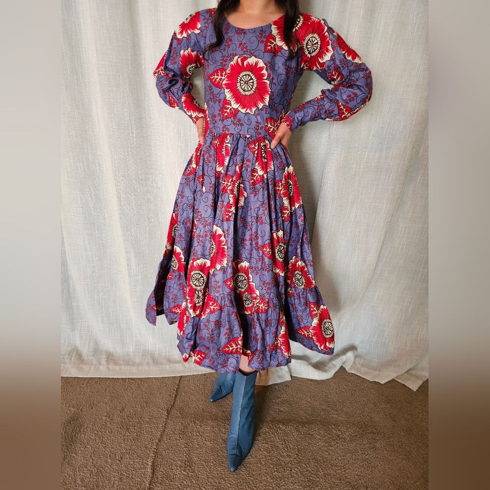 SOLD - Long Sleeve Cinched Waist Pleated Ruffle Hem Floral Print Dress